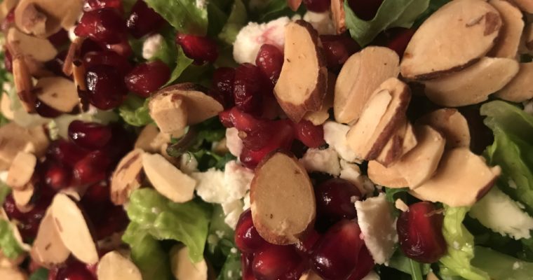 Kale and Romaine Salad with Pomegranates, Feta and Almonds